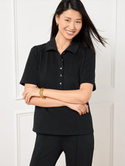 BLACK|COFFEE BEAN PASSPORT PONTE SHORT SLEEVE POLO | Talbots discount