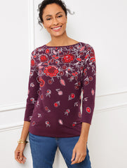 RICH BURGUNDY MULTI BATEAU NECK TEE - MAJESTIC BLOOMS | Talbots sale