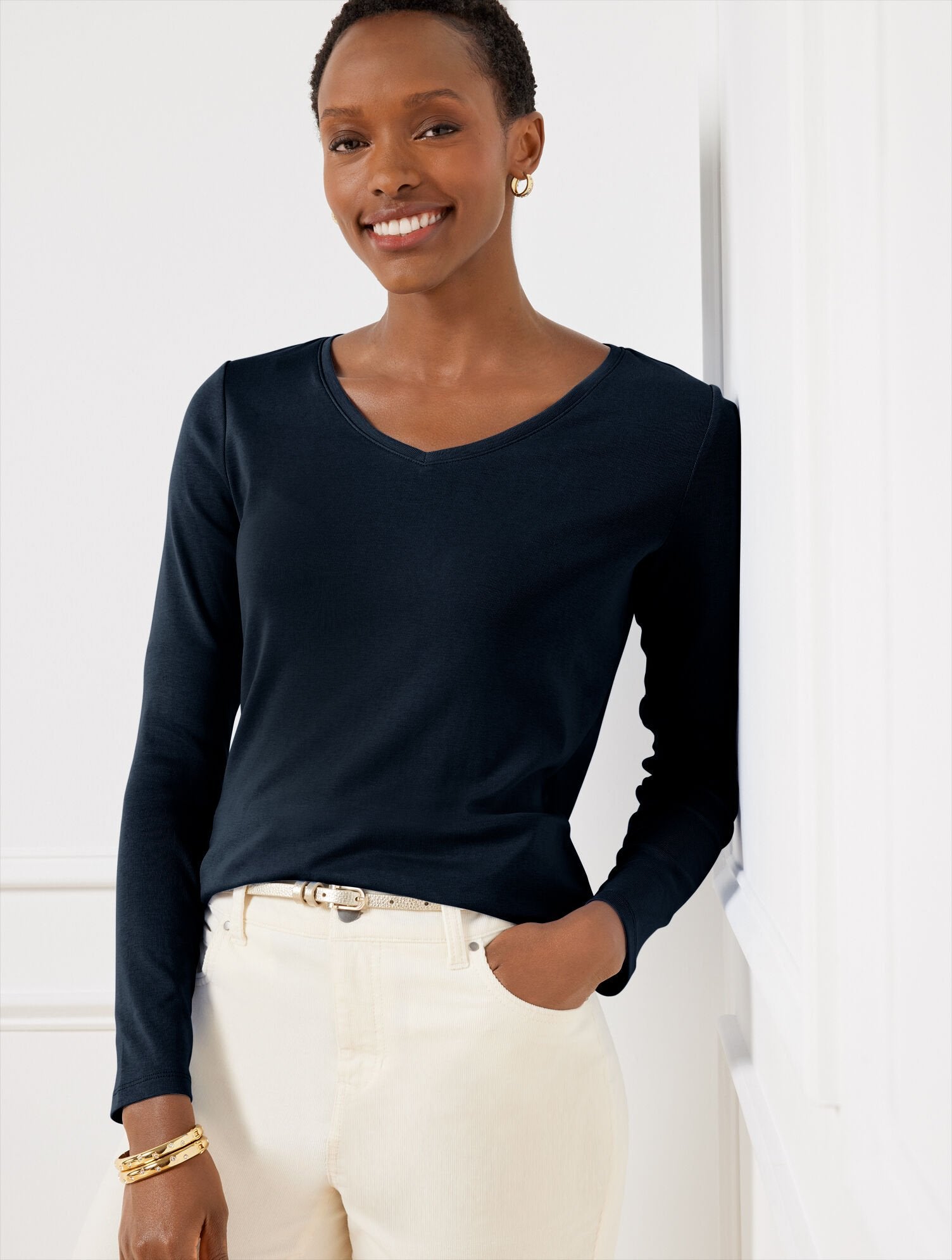 BLACK|INDIGO BLUE|IVORY|RED POP|WHITE|MOONLIGHT BLUE|PINEGROVE|PORT WINE|RED CURRANT|SUGAR PLUM PURPLE PIMA V-NECK TEE | Talbots sale