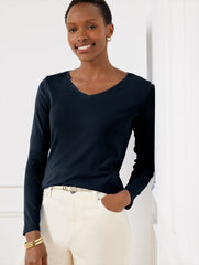 BLACK|INDIGO BLUE|IVORY|RED POP|WHITE|MOONLIGHT BLUE|PINEGROVE|PORT WINE|RED CURRANT|SUGAR PLUM PURPLE PIMA V-NECK TEE | Talbots sale
