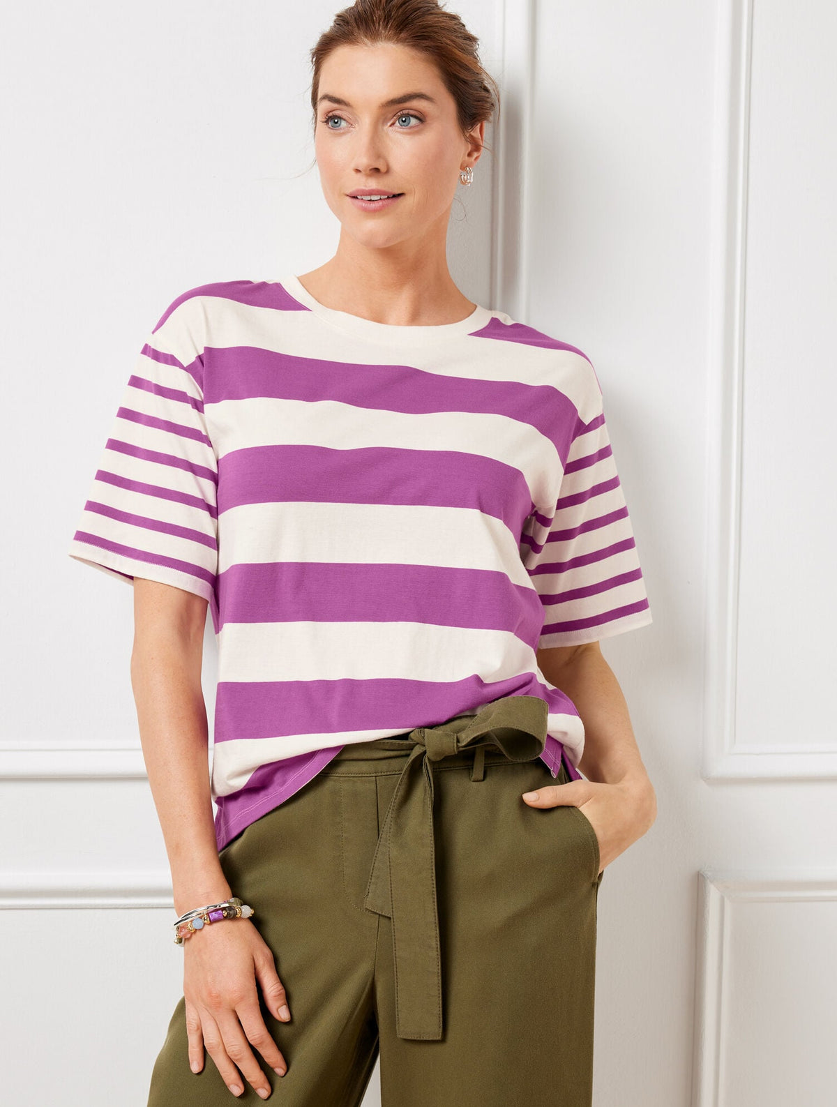 IVORY/PURPLE THISTLE BOXY CREWNECK TEE - MIXED STRIPE | Talbots discount