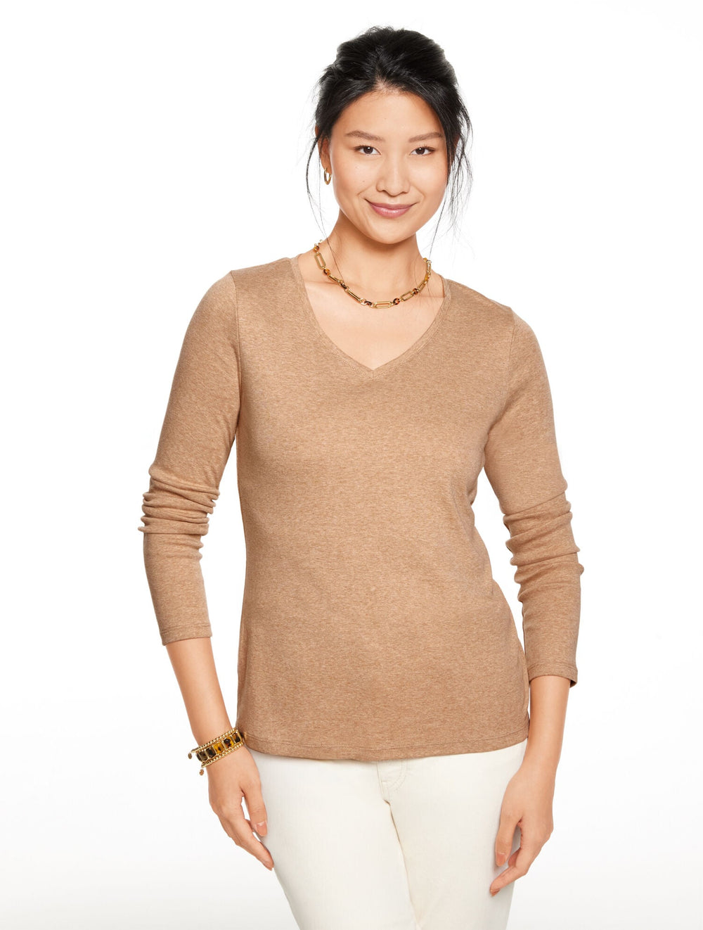 TOASTED COCONUT HEATHER PIMA V-NECK TEE | Talbots US