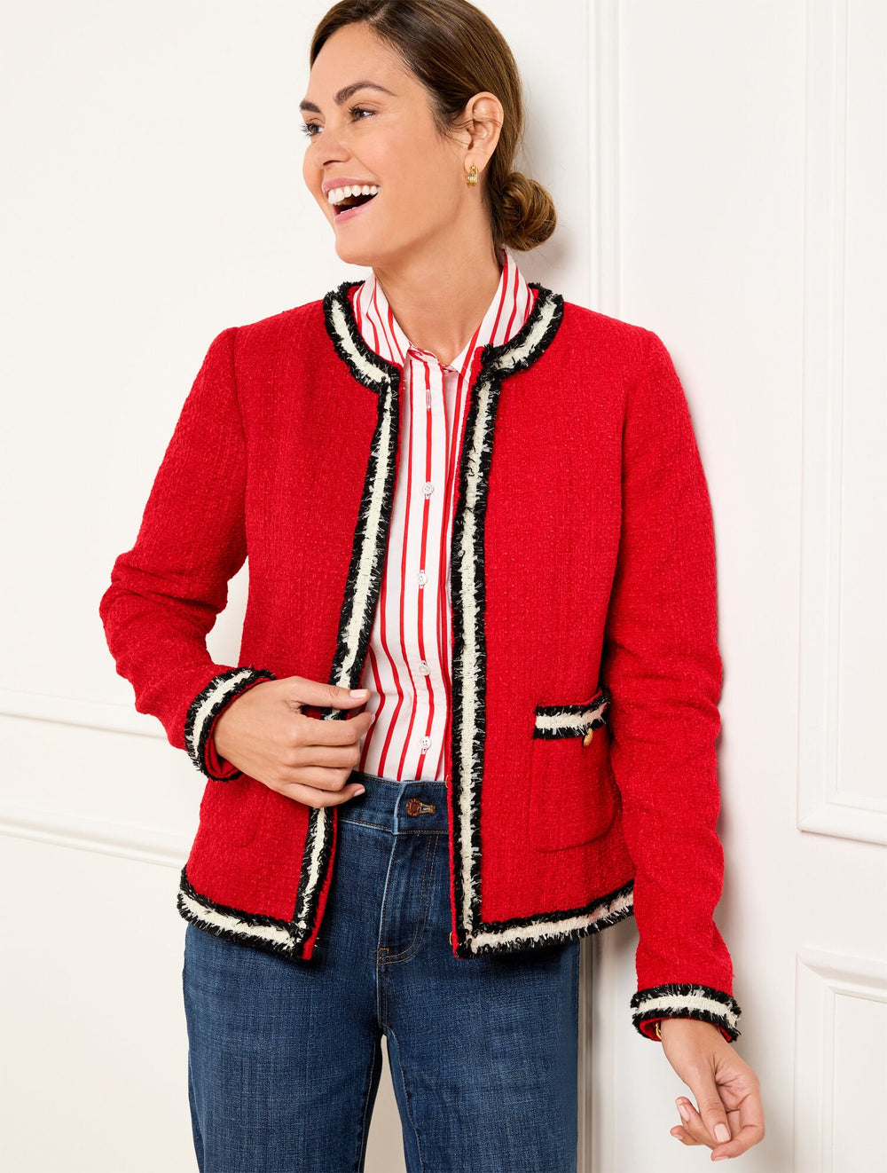 RUBY RED FRINGE STRIPE TWEED JACKET | Talbots near me