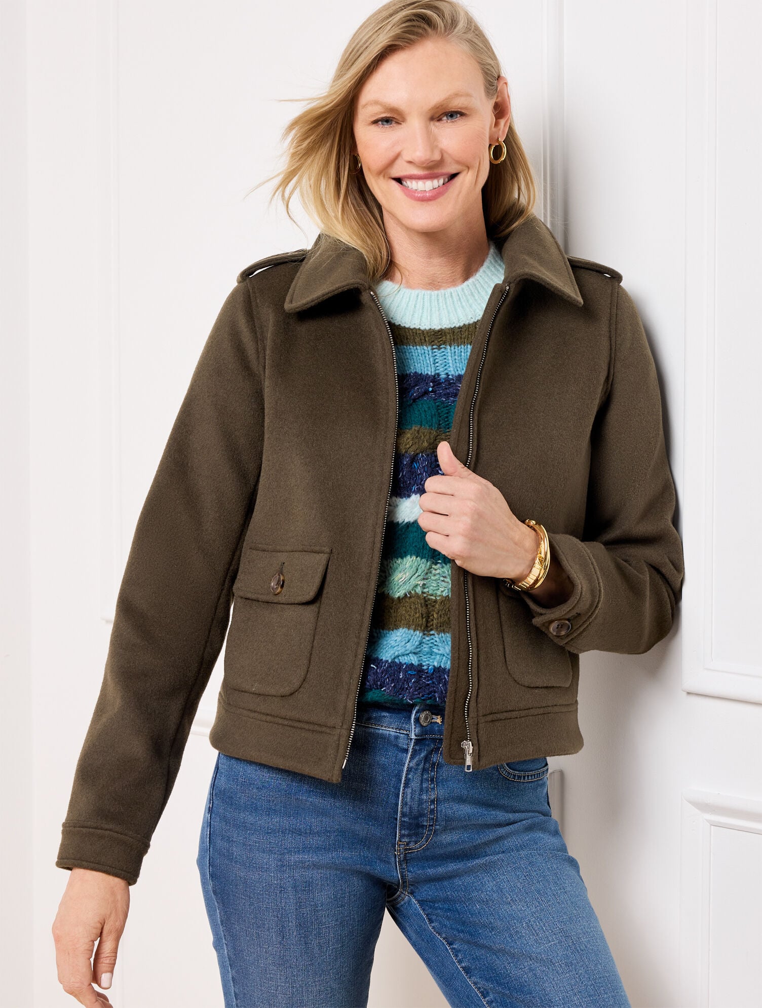 DEEP OLIVE BRUSHED WOOL BLEND BOMBER JACKET | Talbots discount