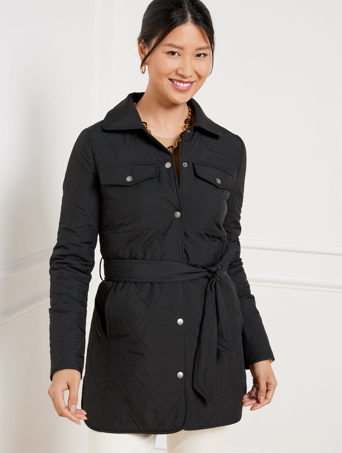 BLACK BELTED QUILTED SHIRT JACKET | Talbots US
