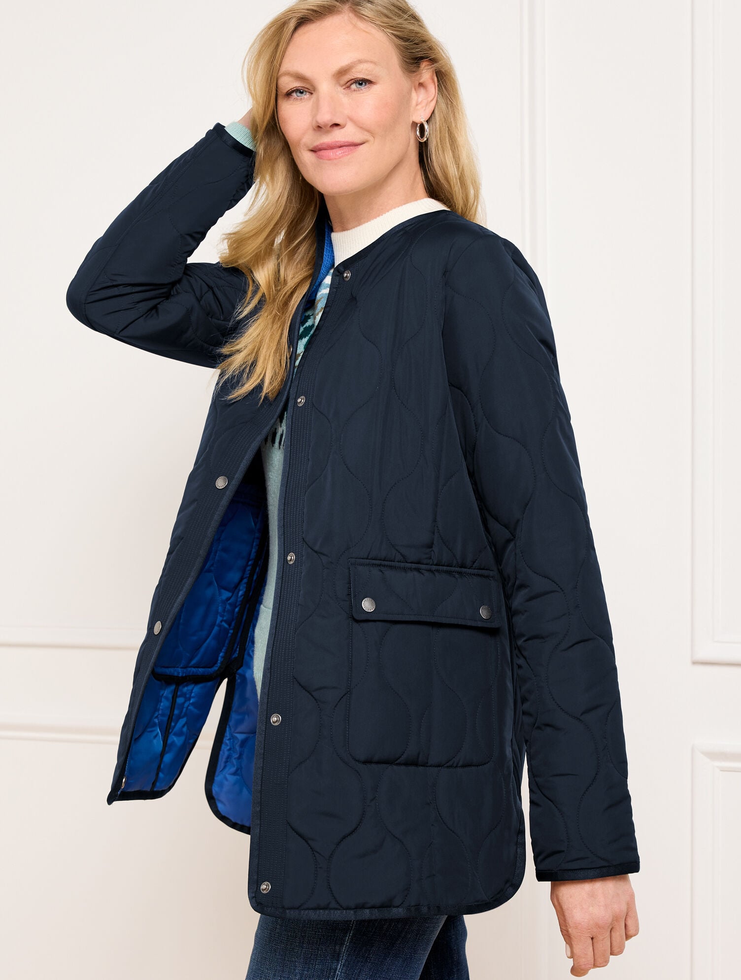 RICH BURGUNDY/MOONLIGHT|SPRUCED UP/INDIGO BLUE QUILTED COLLARLESS COAT | Talbots sale