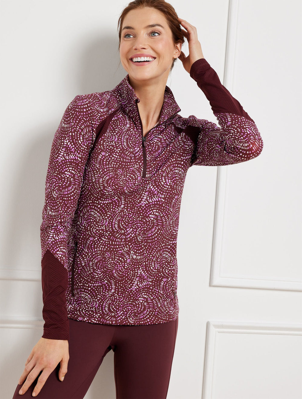 BURGUNDY BERRY PERFORMANCE INTERLOCK HALF-ZIP PULLOVER - STENCILED FANS | Talbots US