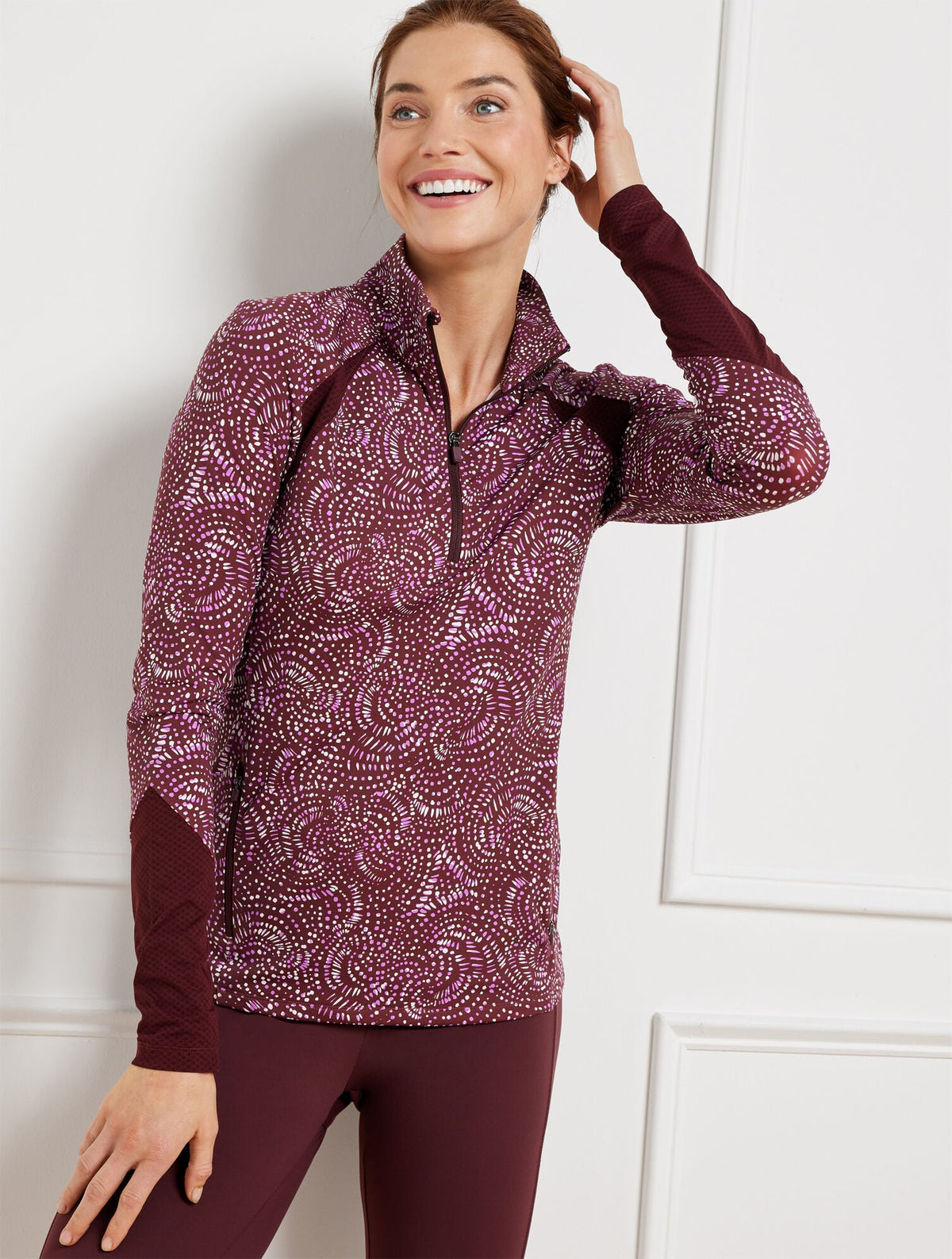 BURGUNDY BERRY PERFORMANCE INTERLOCK HALF-ZIP PULLOVER - STENCILED FANS | Talbots US