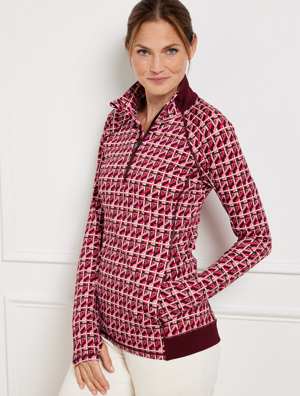 BURGUNDY BERRY MULTI PERFORMANCE INTERLOCK HALF-ZIP PULLOVER - LAYERED LINES | Talbots on sale