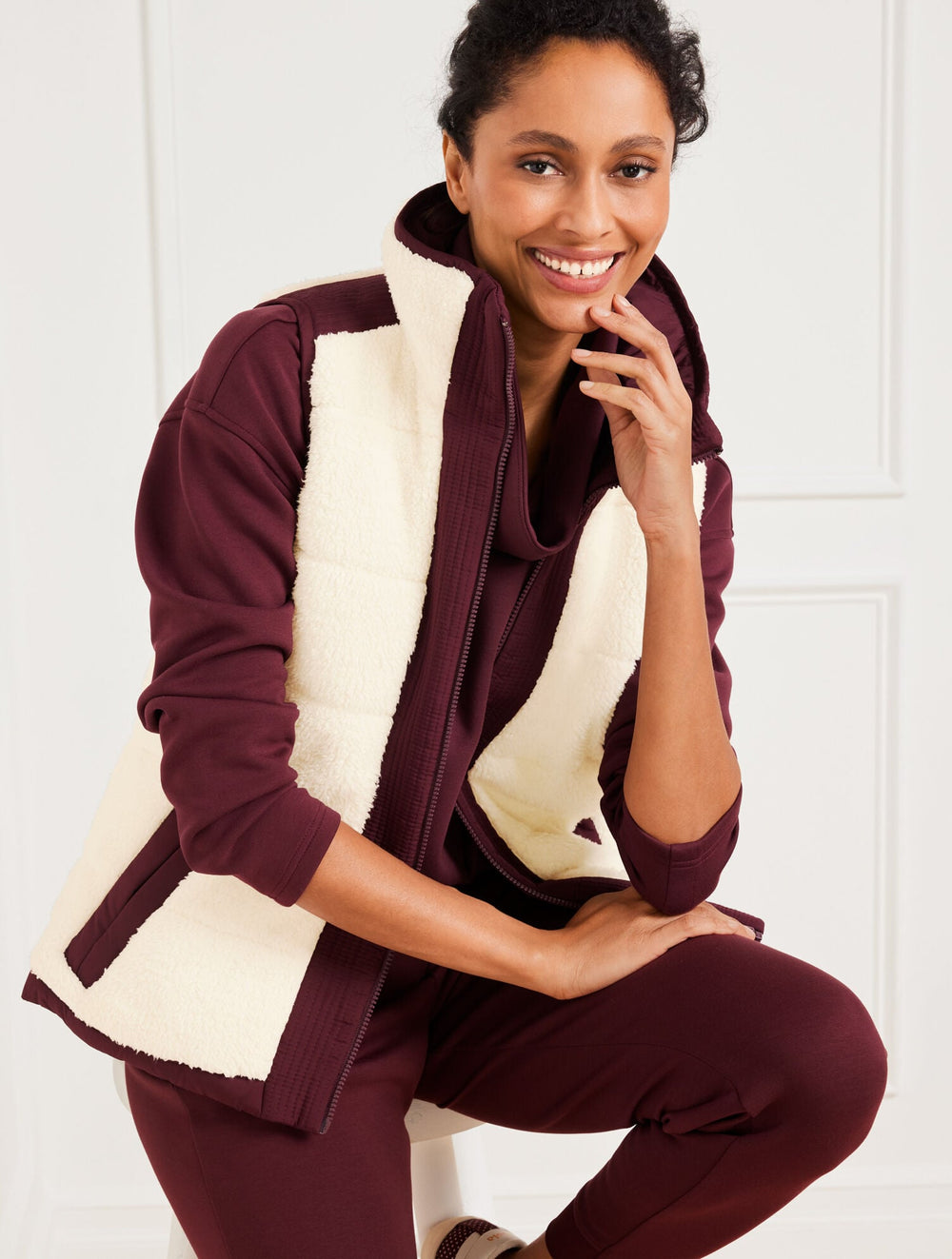 INDIGO BLUE/EVERGLADE|IVORY/BURGUNDY BERRY REVERSIBLE SHERPA PUFFER VEST | Talbots outlet