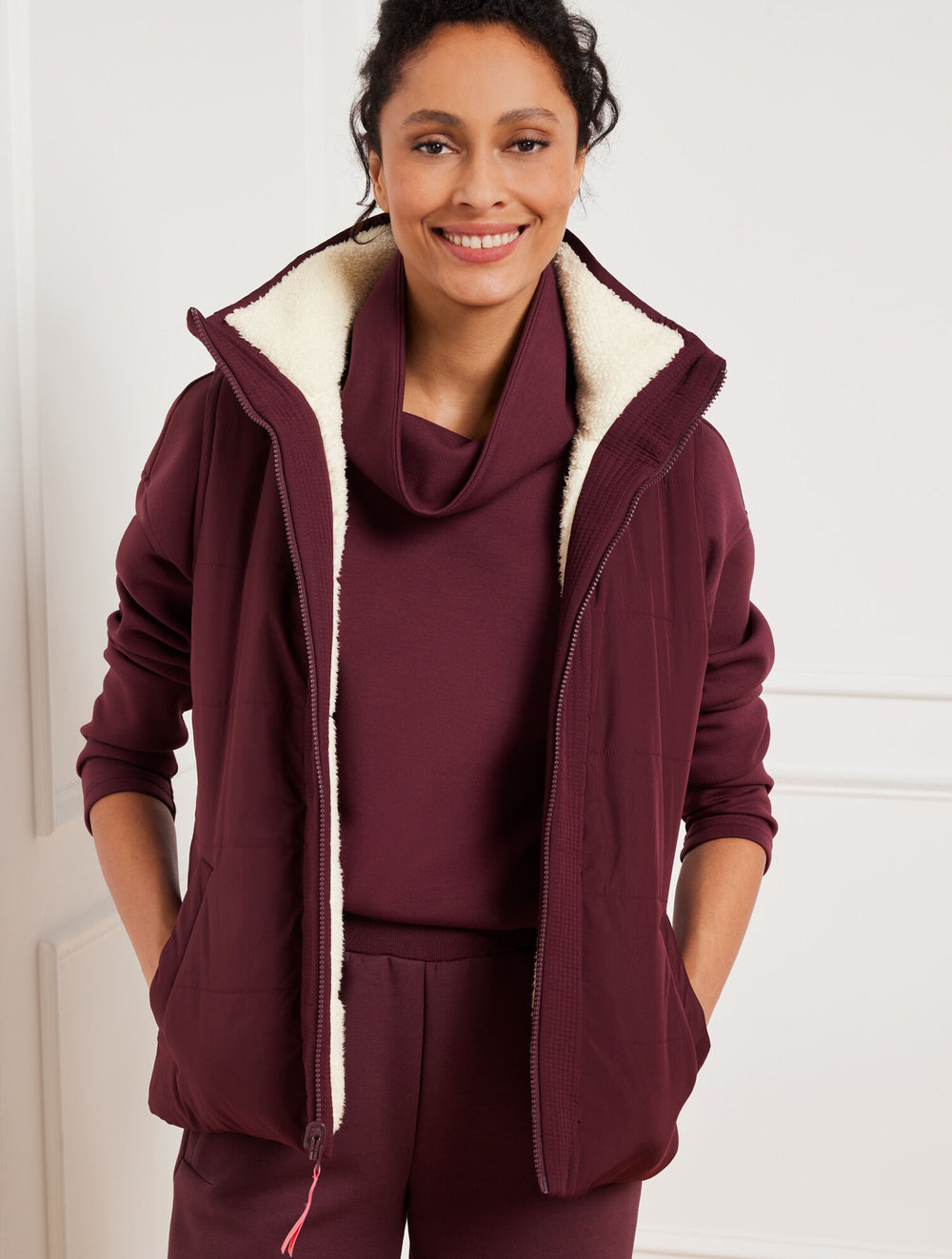 INDIGO BLUE/EVERGLADE|IVORY/BURGUNDY BERRY REVERSIBLE SHERPA PUFFER VEST | Talbots outlet