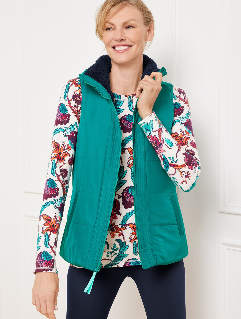 INDIGO BLUE/EVERGLADE|IVORY/BURGUNDY BERRY REVERSIBLE SHERPA PUFFER VEST | Talbots outlet
