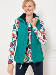INDIGO BLUE/EVERGLADE|IVORY/BURGUNDY BERRY REVERSIBLE SHERPA PUFFER VEST | Talbots outlet