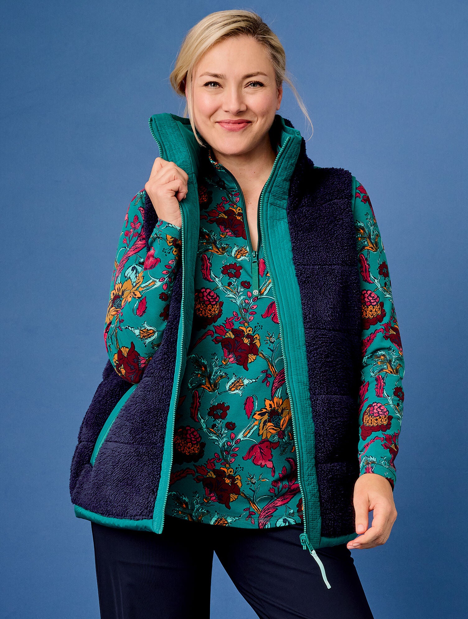 INDIGO BLUE/EVERGLADE|IVORY/BURGUNDY BERRY REVERSIBLE SHERPA PUFFER VEST | Talbots outlet