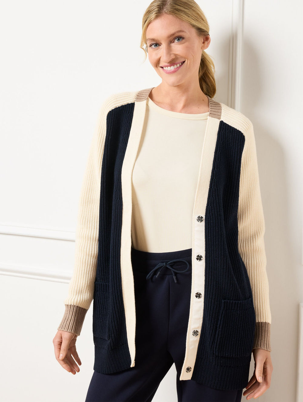 INDIGO BLUE|IVORY COLORBLOCK CARDIGAN | Talbots discount