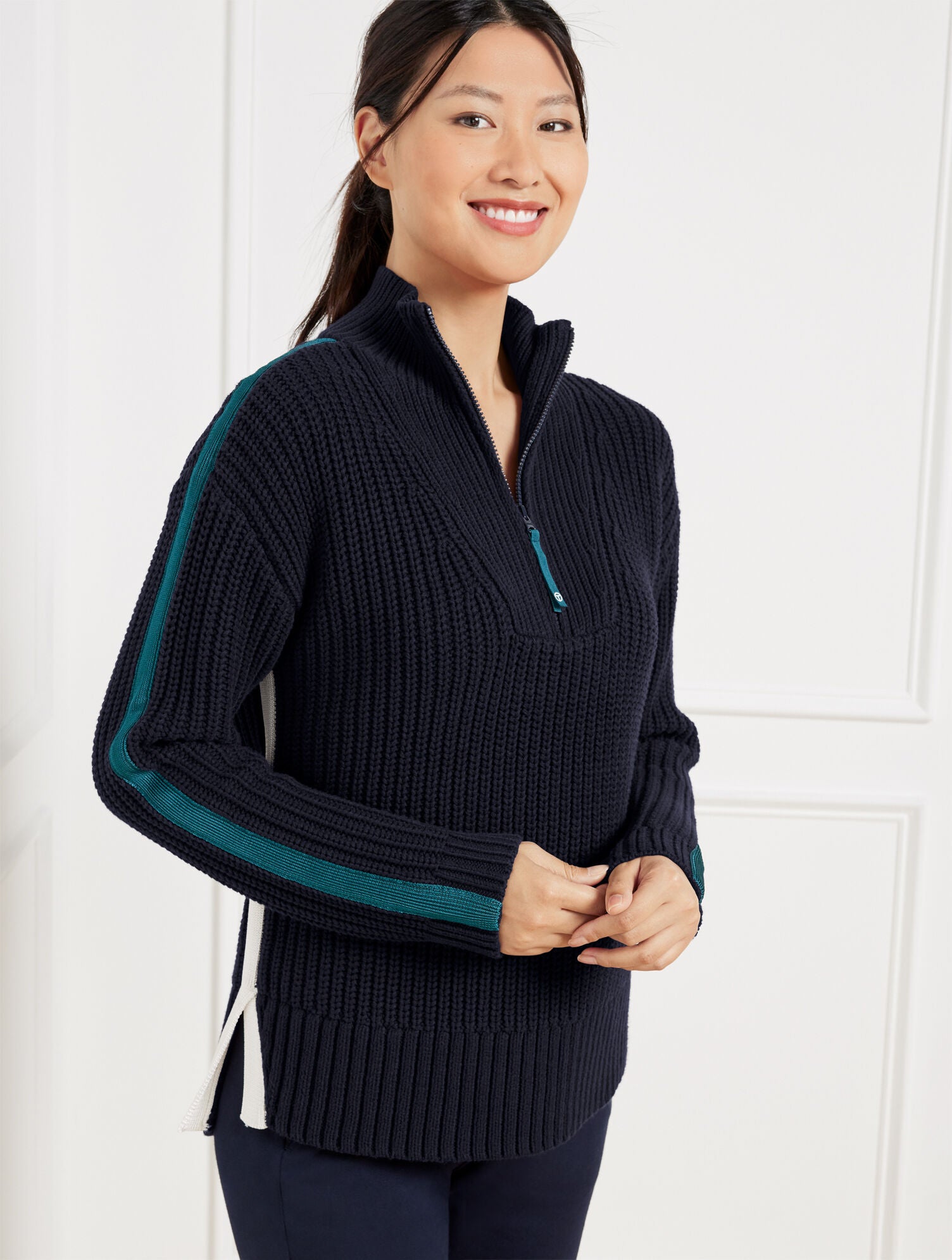 INDIGO BLUE TIPPED HALF-ZIP SWEATER | Talbots online