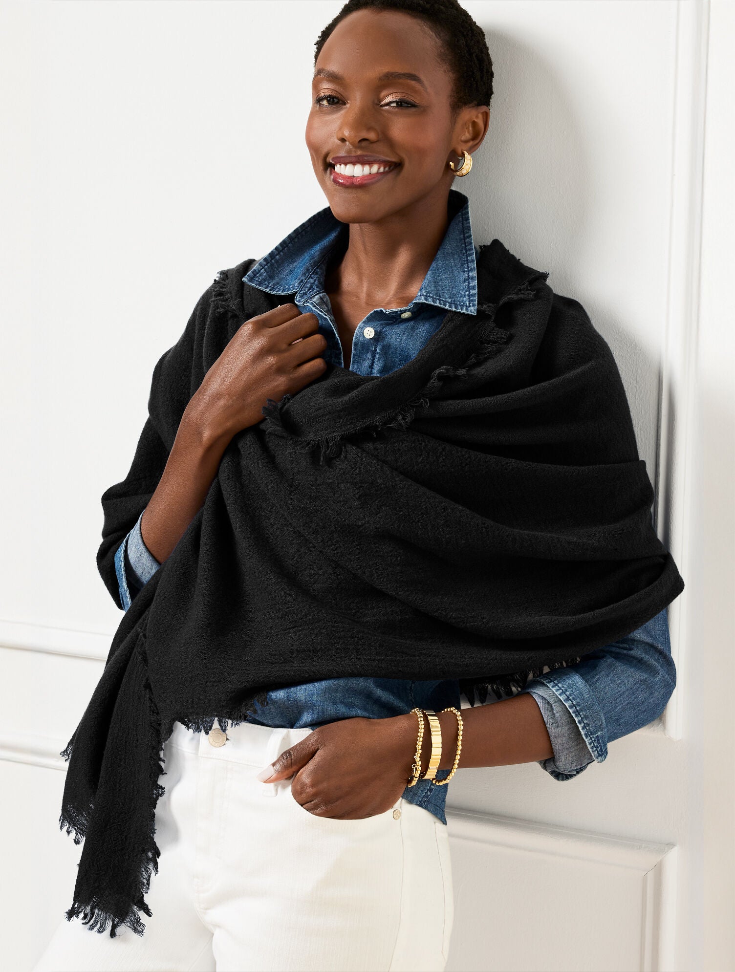 BLACK|TOASTED COCONUT|PINE GROVE FRINGE WOOL WRAP | Talbots sale