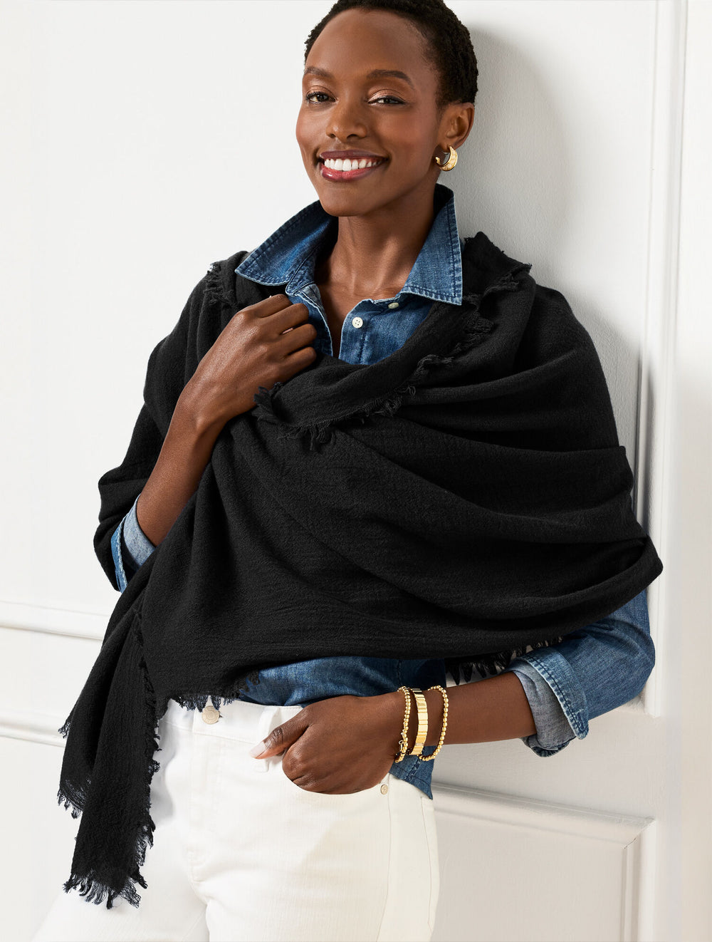 BLACK|TOASTED COCONUT|PINE GROVE FRINGE WOOL WRAP | Talbots sale