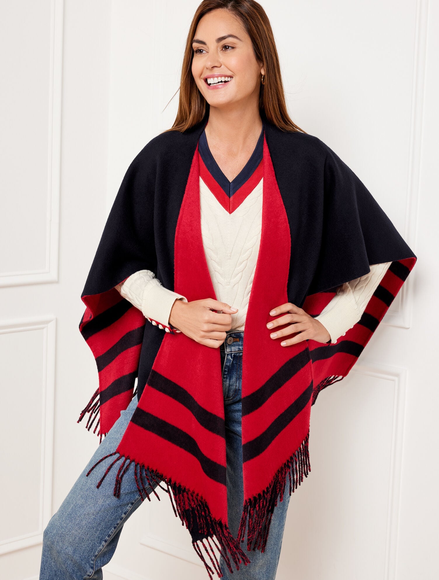RUBY RED MULTI|TOASTED COCONUT/IVORY REVERSIBLE DOUBLE FACE RUANA | Talbots online