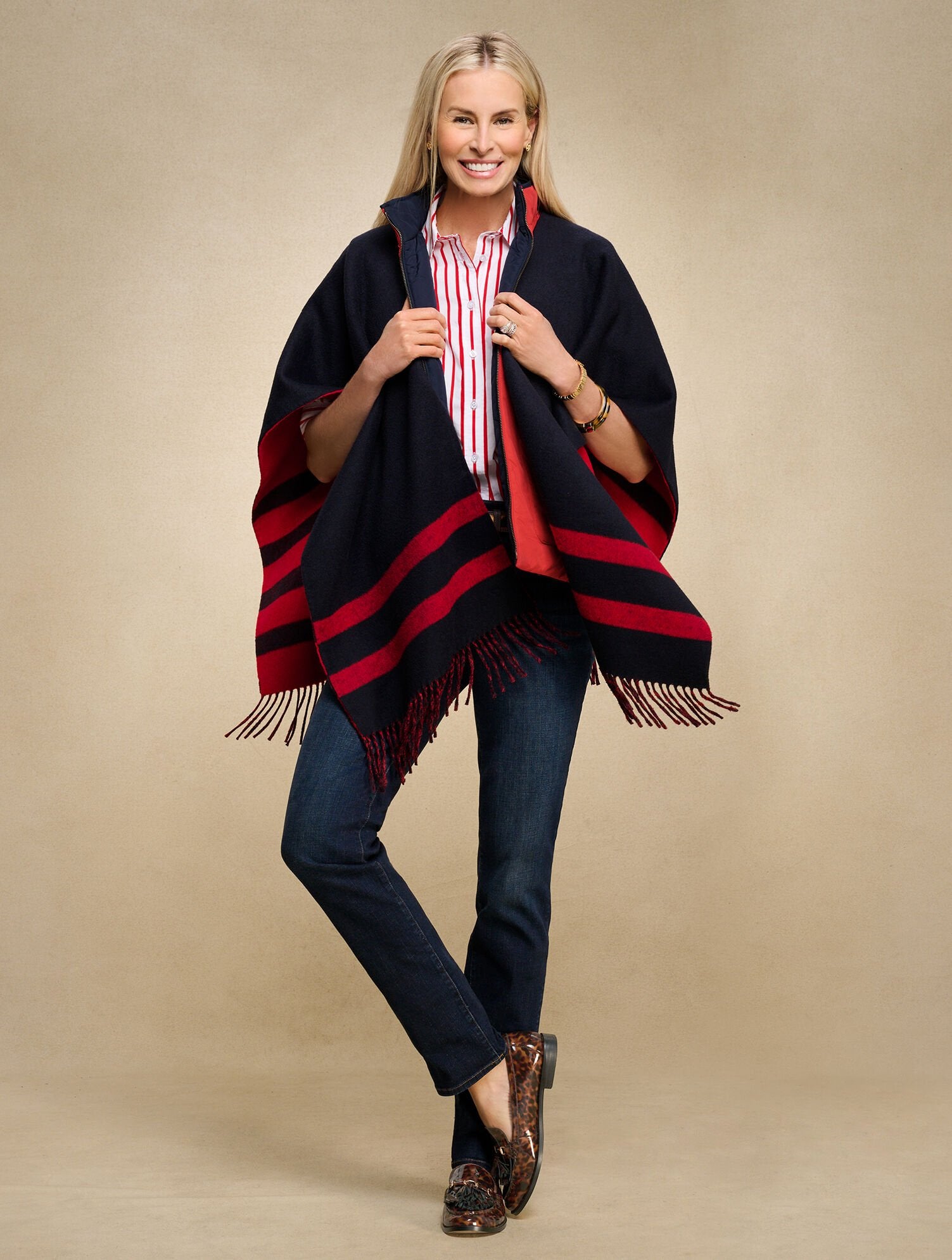 RUBY RED MULTI|TOASTED COCONUT/IVORY REVERSIBLE DOUBLE FACE RUANA | Talbots discount