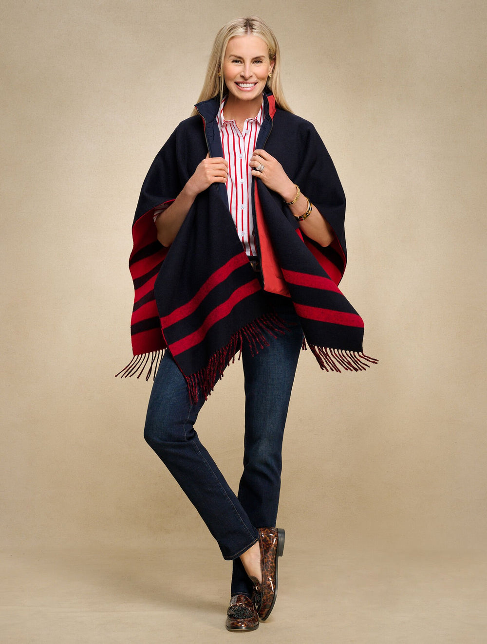 RUBY RED MULTI|TOASTED COCONUT/IVORY REVERSIBLE DOUBLE FACE RUANA | Talbots discount