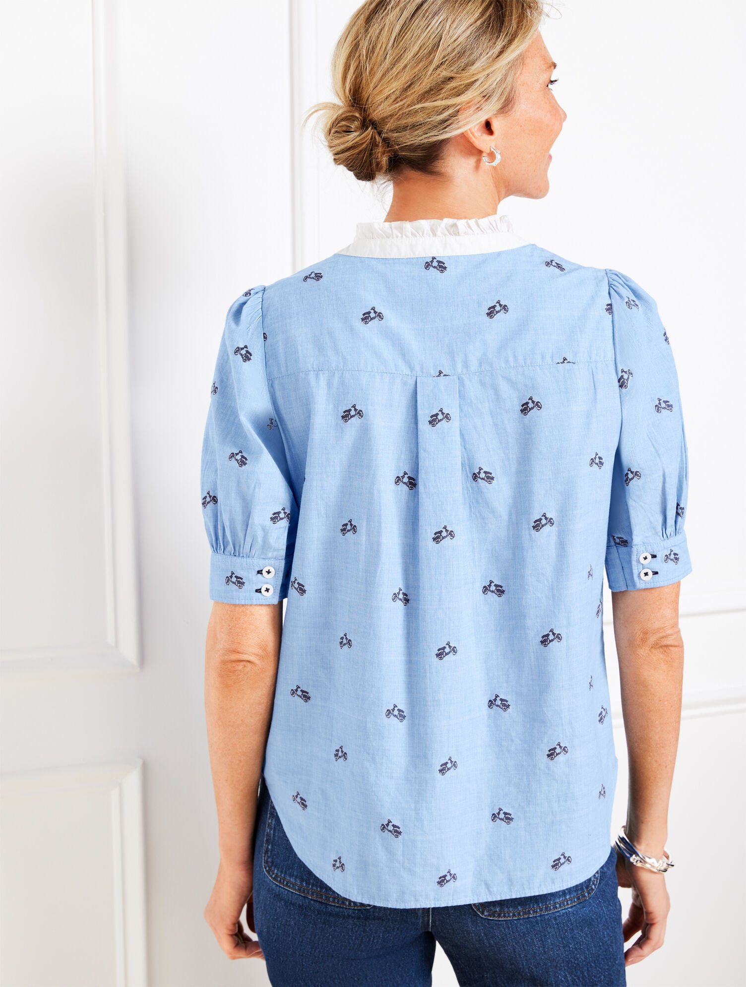 BLUE MULTI RUFFLE NECK TOP - EMBROIDERED VESPA | Talbots online