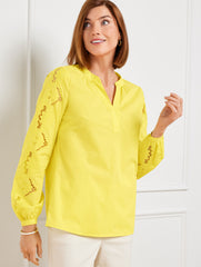 PEAR YELLOW EMBROIDERED POPLIN TOP | Talbots discount