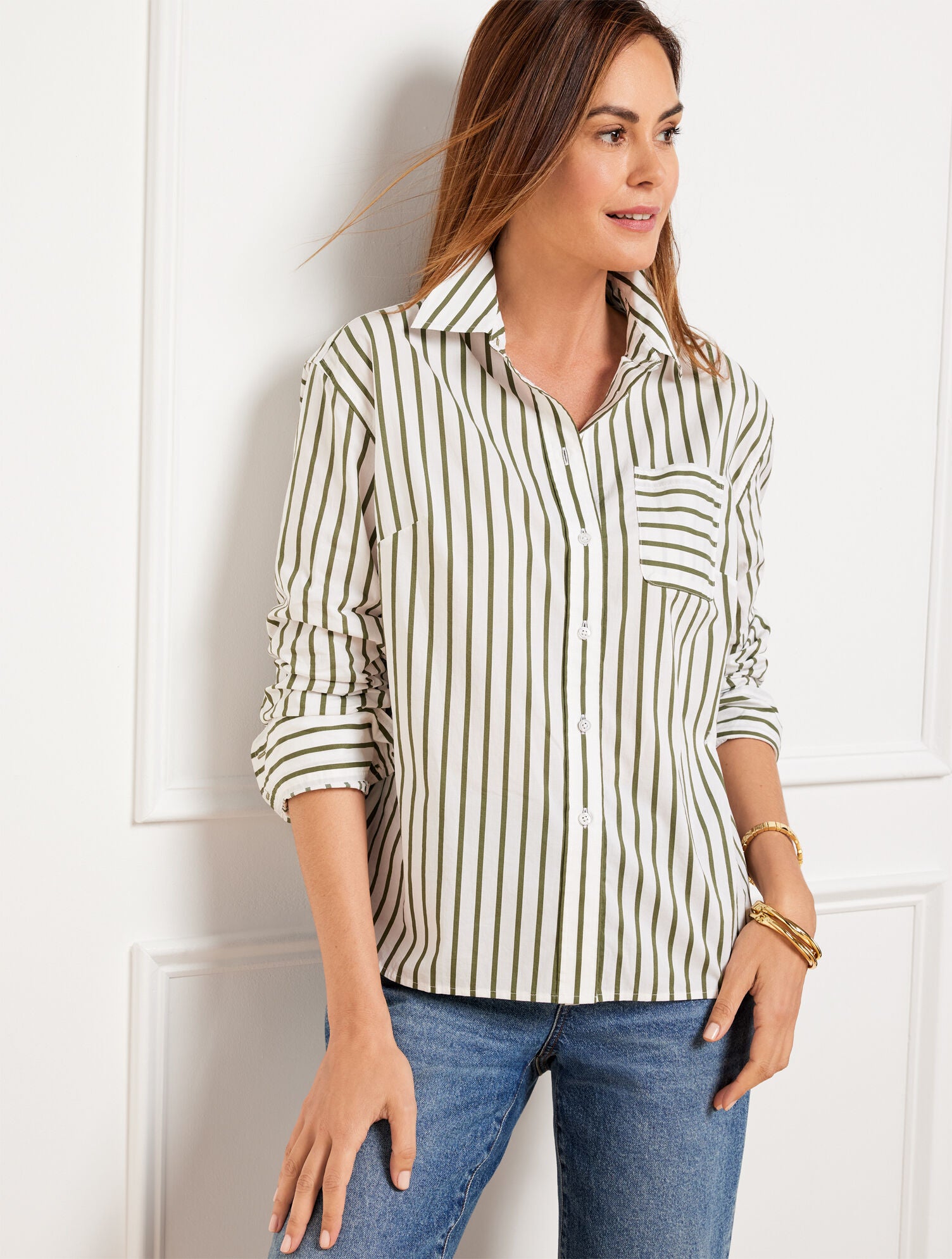 WHITE/BURNT OLIVE POPLIN SHORT SHIRT - NAUTICAL STRIPE | Talbots online