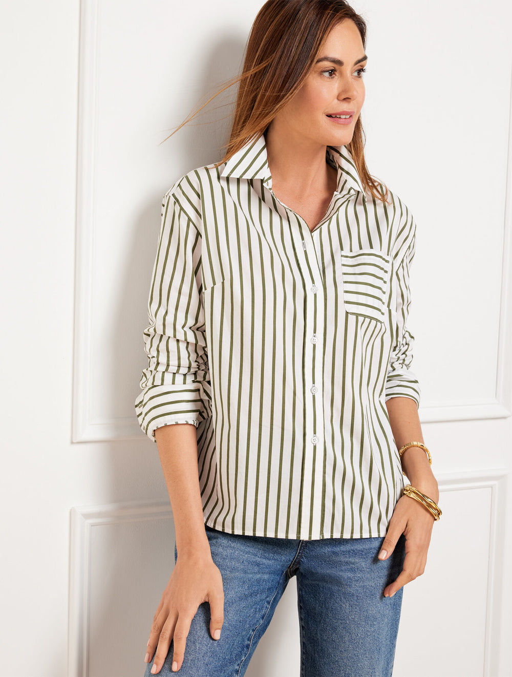 WHITE/BURNT OLIVE POPLIN SHORT SHIRT - NAUTICAL STRIPE | Talbots online