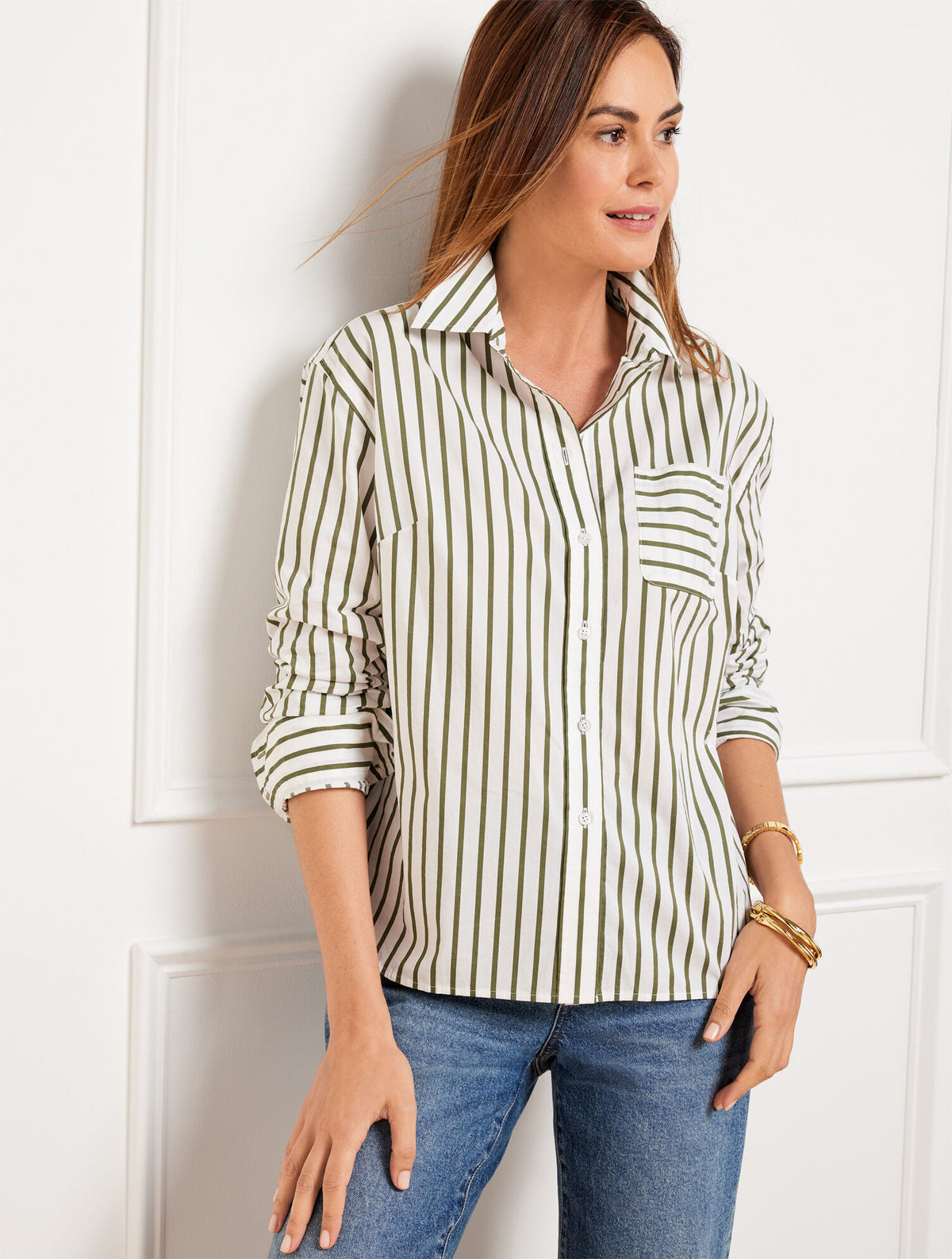 WHITE/BURNT OLIVE POPLIN SHORT SHIRT - NAUTICAL STRIPE | Talbots online