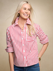 WHITE/BURNT OLIVE POPLIN SHORT SHIRT - NAUTICAL STRIPE | Talbots online