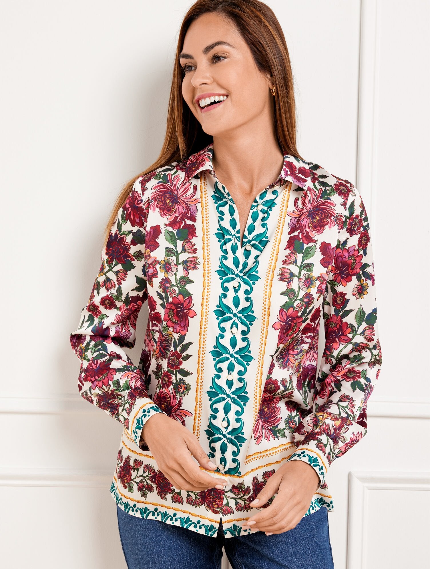 IVORY MULTI SOFT SATIN CHARMEUSE BUTTON FRONT SHIRT - STUNNING FLORAL | Talbots for sale
