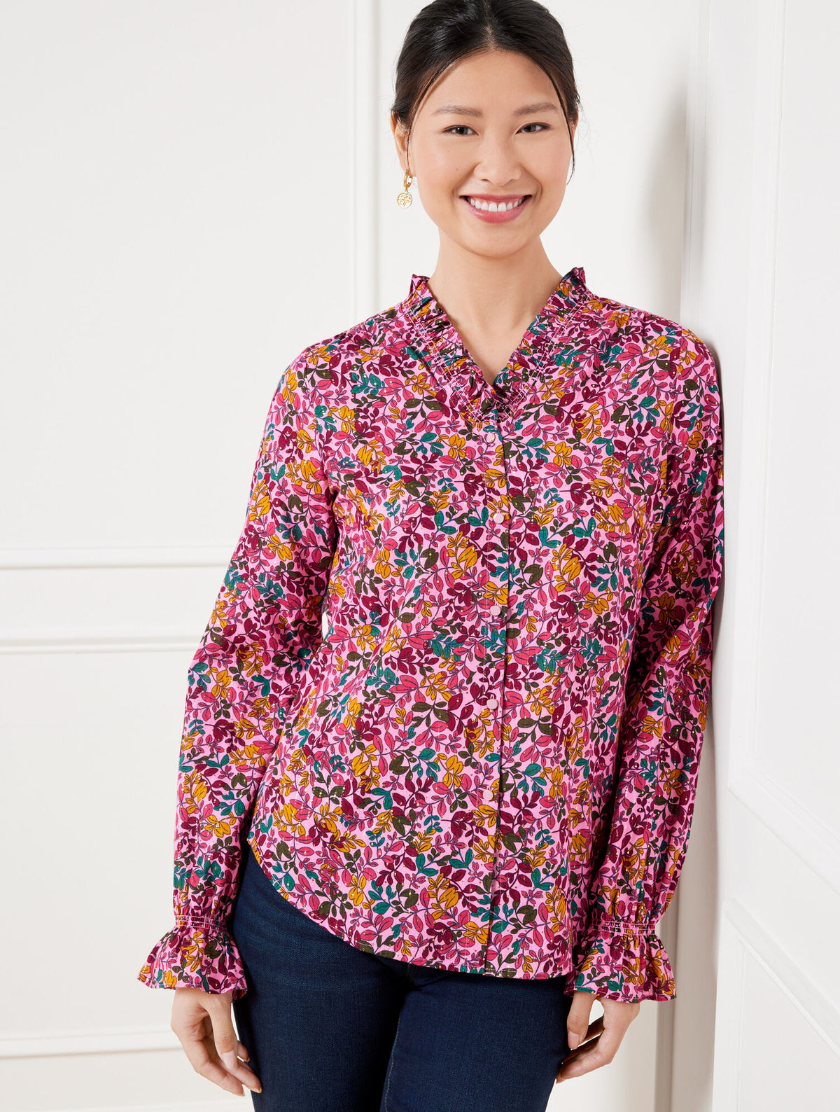 MOONLITE MAUVE MULTI RUFFLE TOP - GATHERED LEAVES | Talbots discount