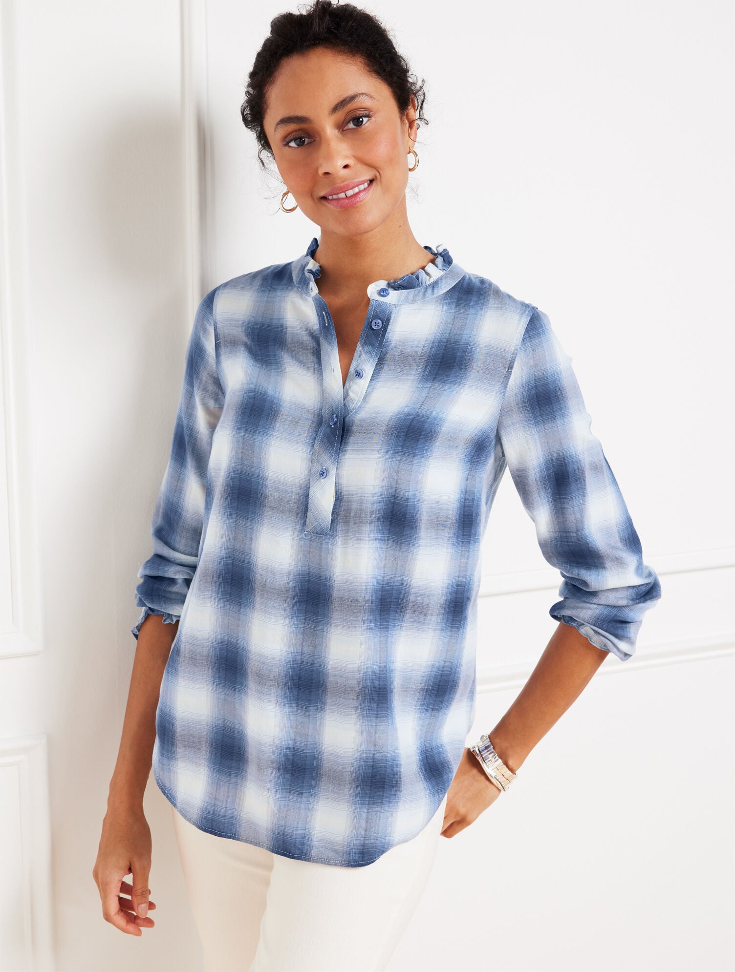 IVORY MULTI|TOASTED COCONUT MULTI RUFFLE TRIM POPOVER - SUNRISE PLAID | Talbots on sale
