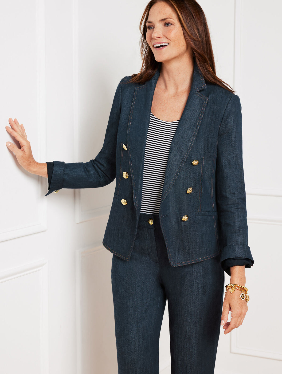 INDIGO REFINED DENIM DOUBLE BREASTED BLAZER | Talbots sale