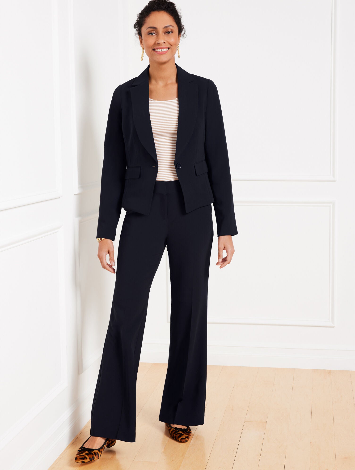 BLACK|INDIGO BLUE EASY TRAVEL FLARE LEG PANTS | Talbots on sale