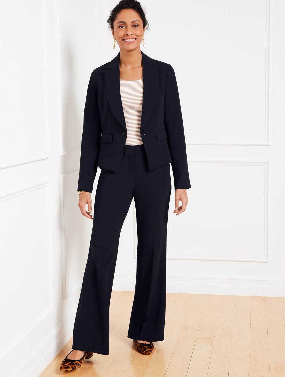 BLACK|INDIGO BLUE EASY TRAVEL FLARE LEG PANTS | Talbots on sale