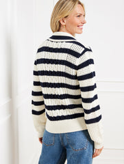 IVORY/INDIGO CABLE KNIT SWEATER JACKET - STRIPE | Talbots online
