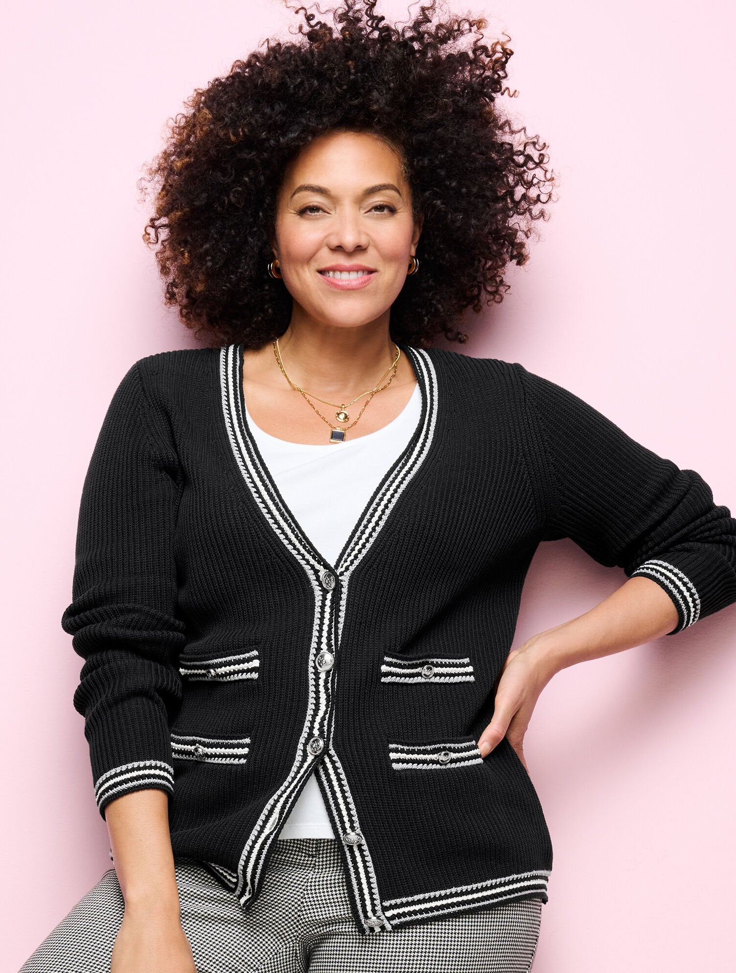 BLACK MULTI TEXTURE V-NECK CARDIGAN - TIPPED STRIPE | Talbots outlet