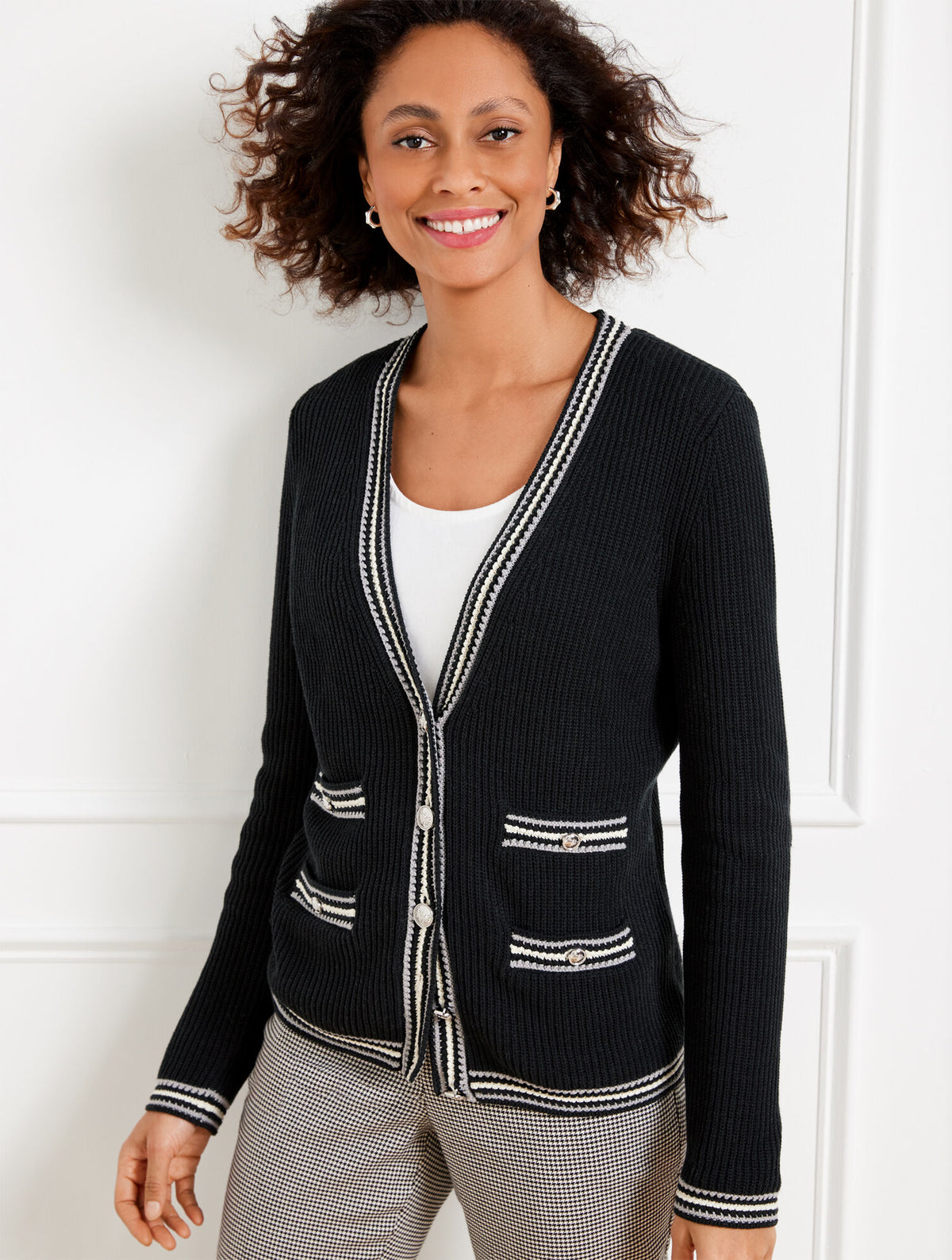 BLACK MULTI TEXTURE V-NECK CARDIGAN - TIPPED STRIPE | Talbots outlet