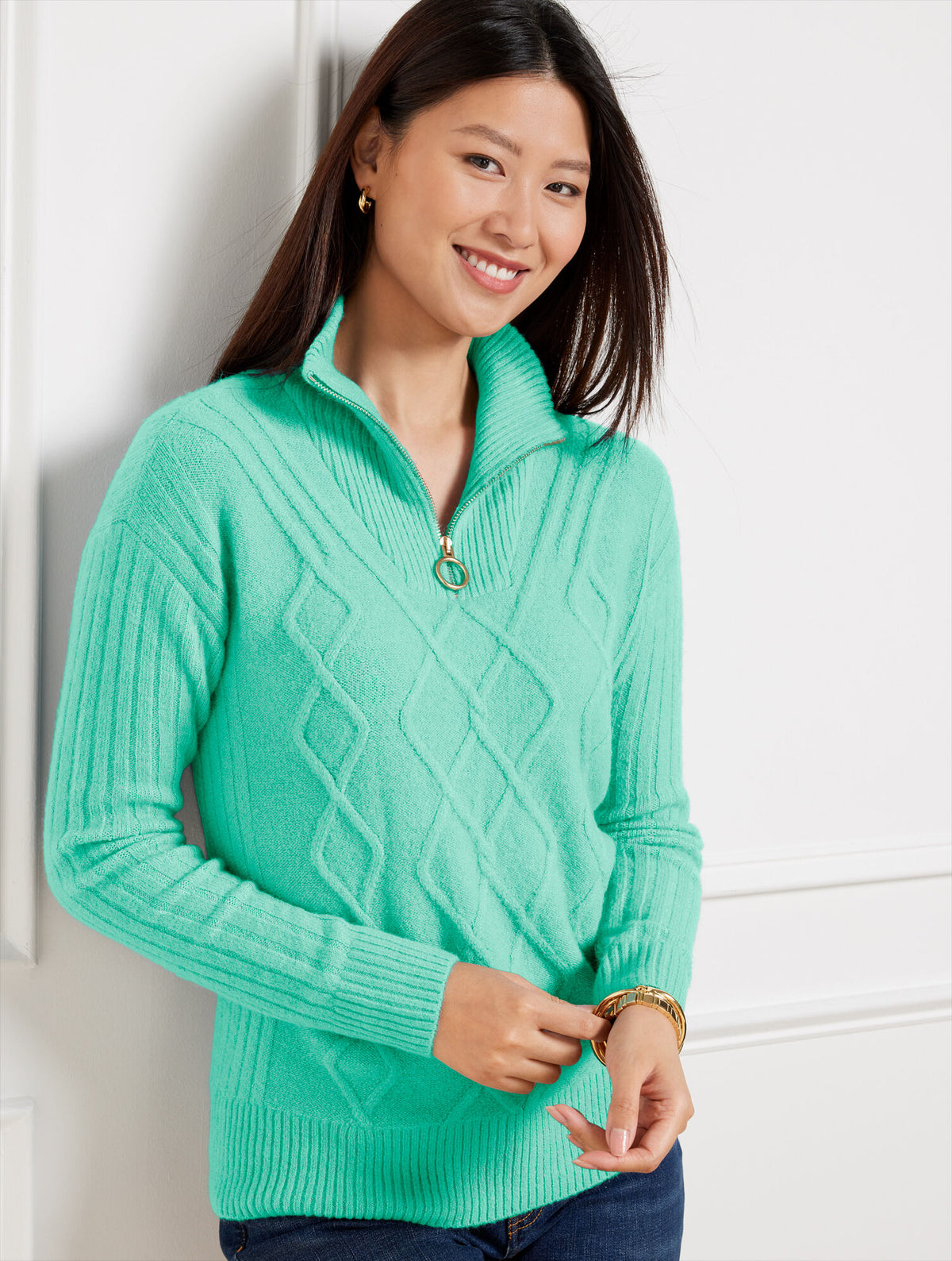 SOFT JADE CABLE KNIT HALF-ZIP SWEATER | Talbots US