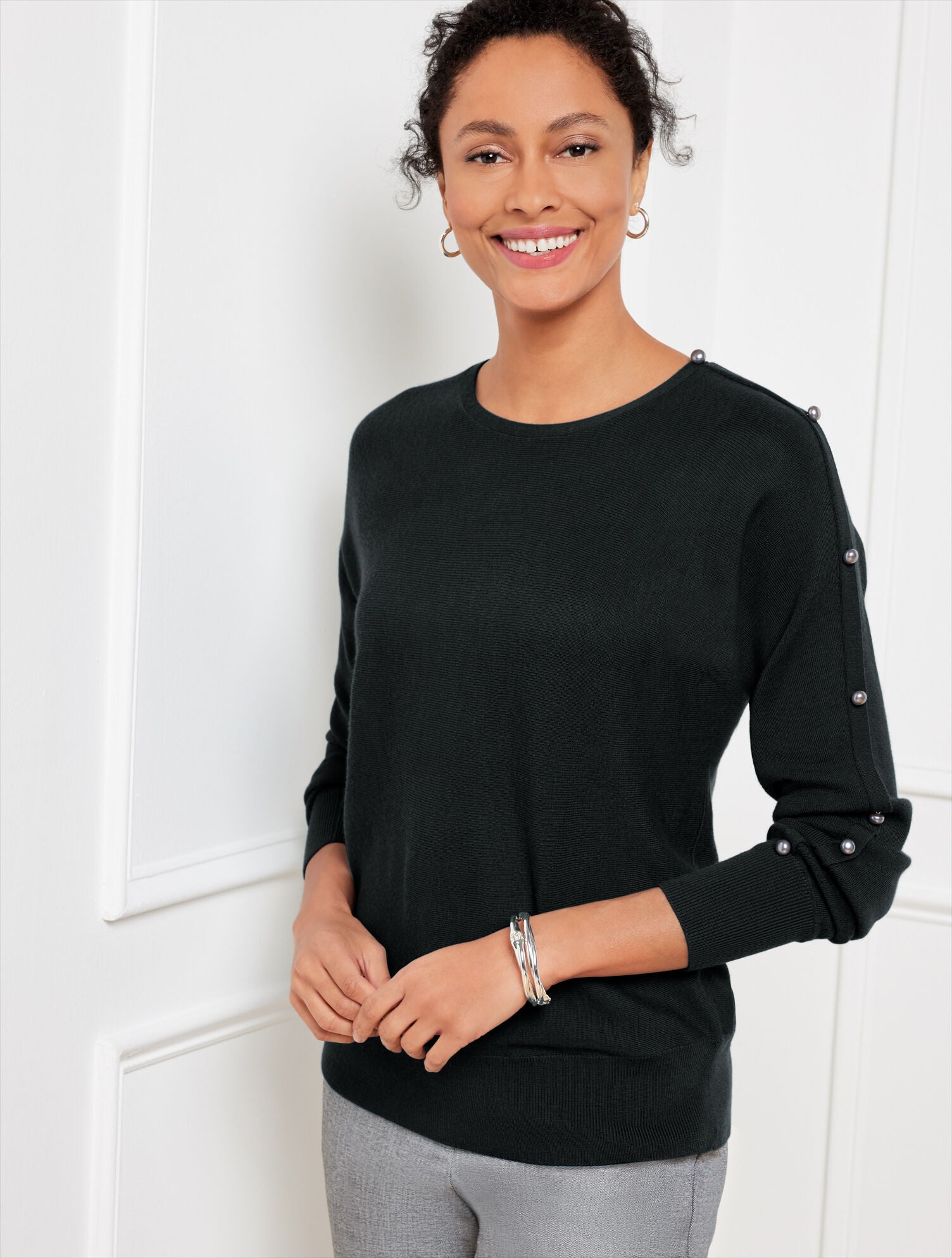 BLACK WOOL BLEND BUTTON DOLMAN SWEATER | Talbots online