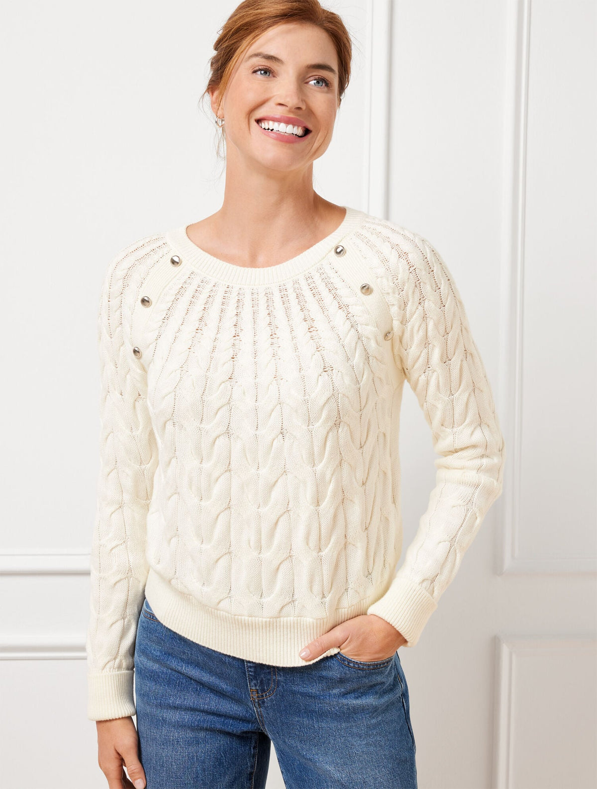 IVORY BUTTON RAGLAN CABLE KNIT SWEATER | Talbots discount