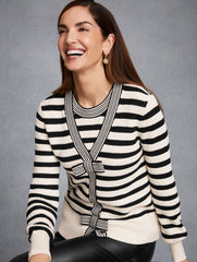 IVORY/BLACK BOW FRONT TEXTURE STITCH CARDIGAN - FRENCH STRIPE | Talbots for sale