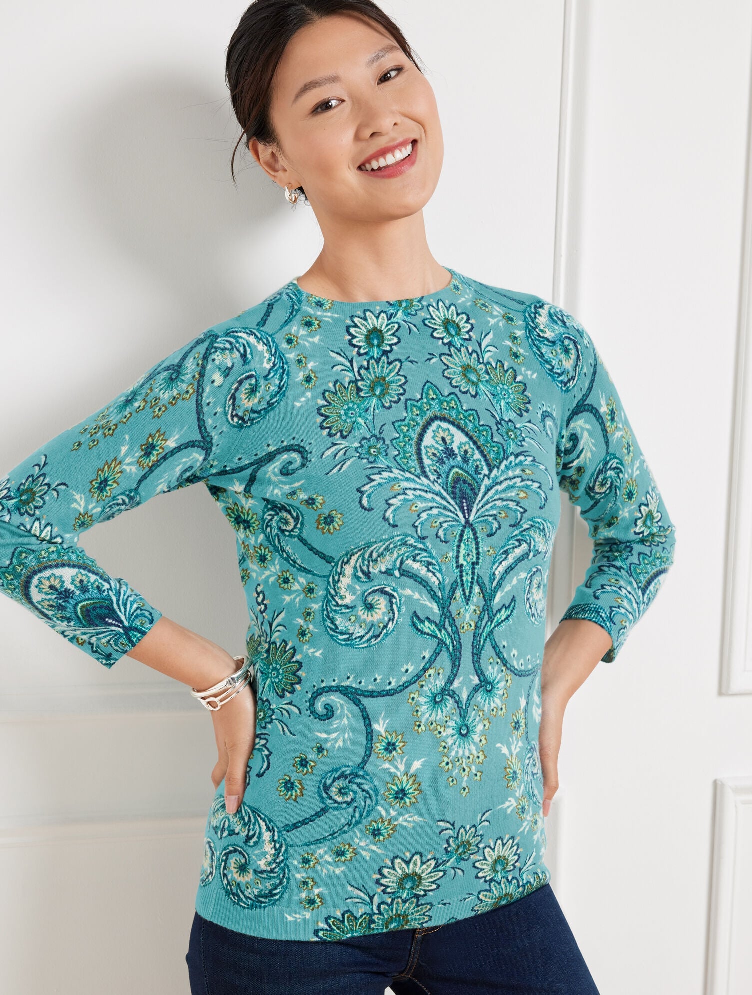 BLUE HAZE/SOFT JADE MULTI AUDREY CASHMERE SWEATER - IMPERIAL FLORAL | Talbots online