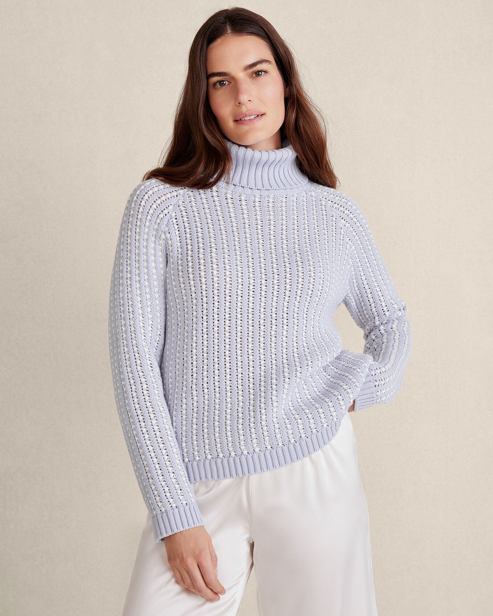 IVORY/BRANCH|IVORY/SOFT PERIWINKLE TEXTURE STITCH TURTLENECK | Talbots US