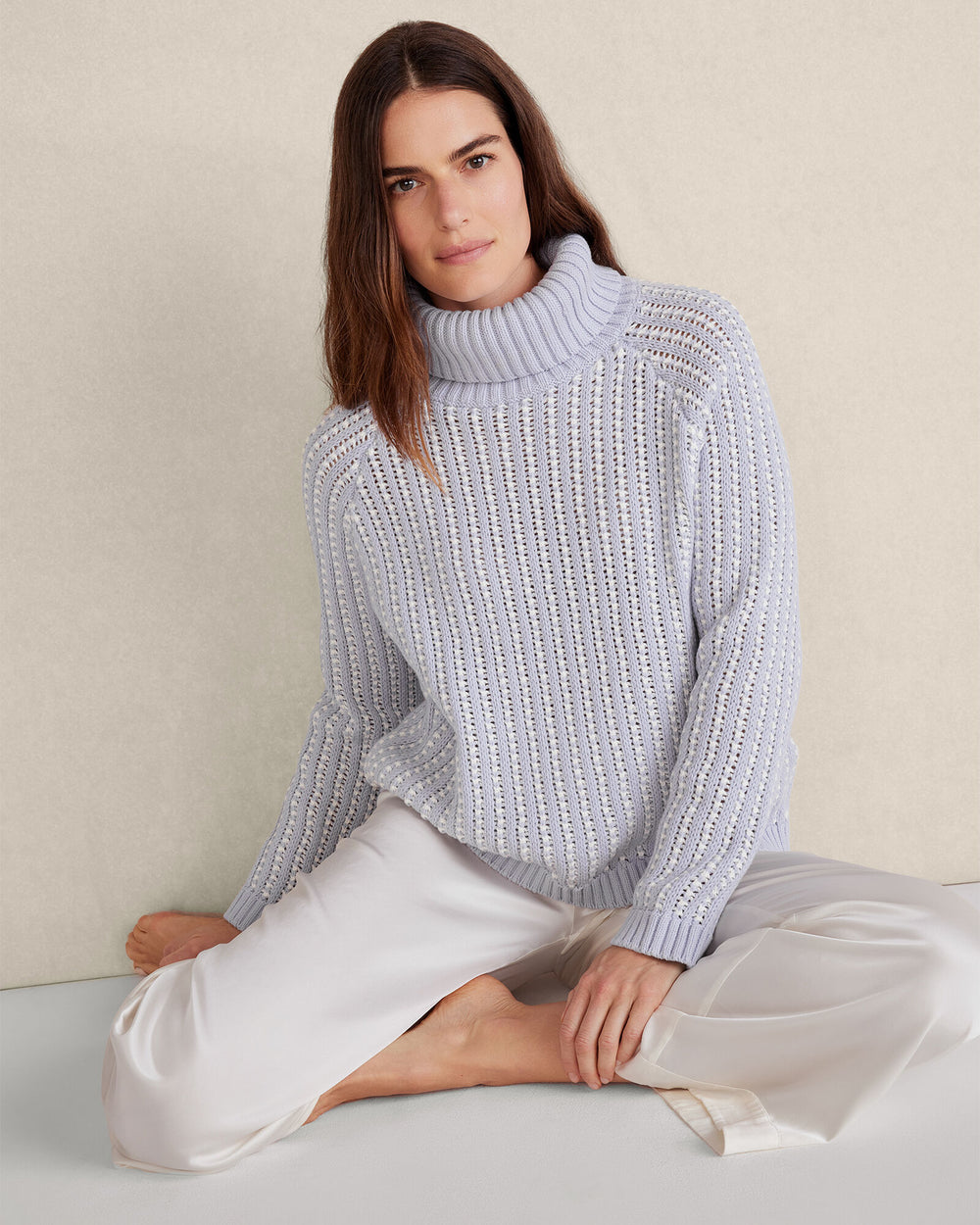IVORY/BRANCH|IVORY/SOFT PERIWINKLE TEXTURE STITCH TURTLENECK | Talbots US
