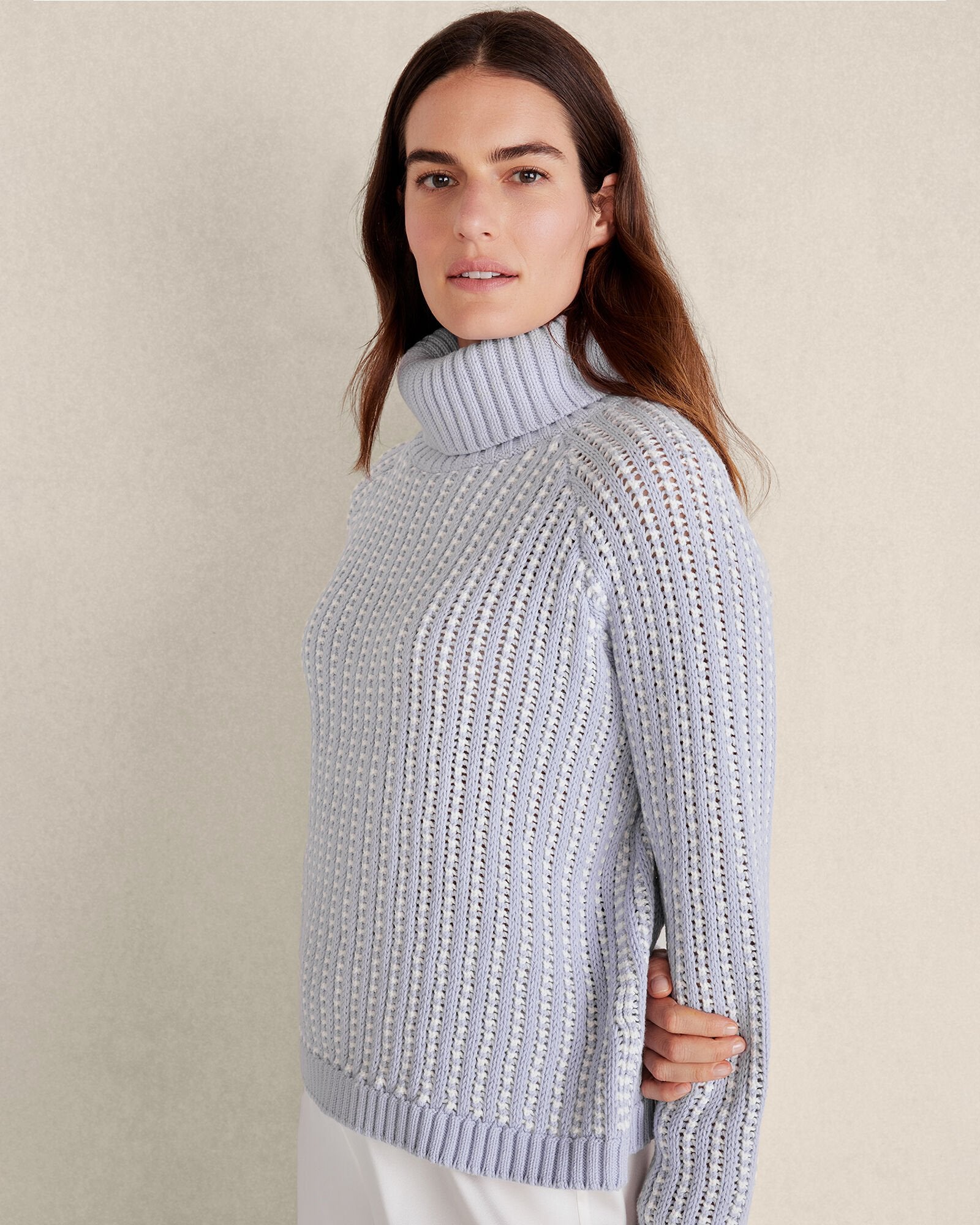 IVORY/BRANCH|IVORY/SOFT PERIWINKLE TEXTURE STITCH TURTLENECK | Talbots US