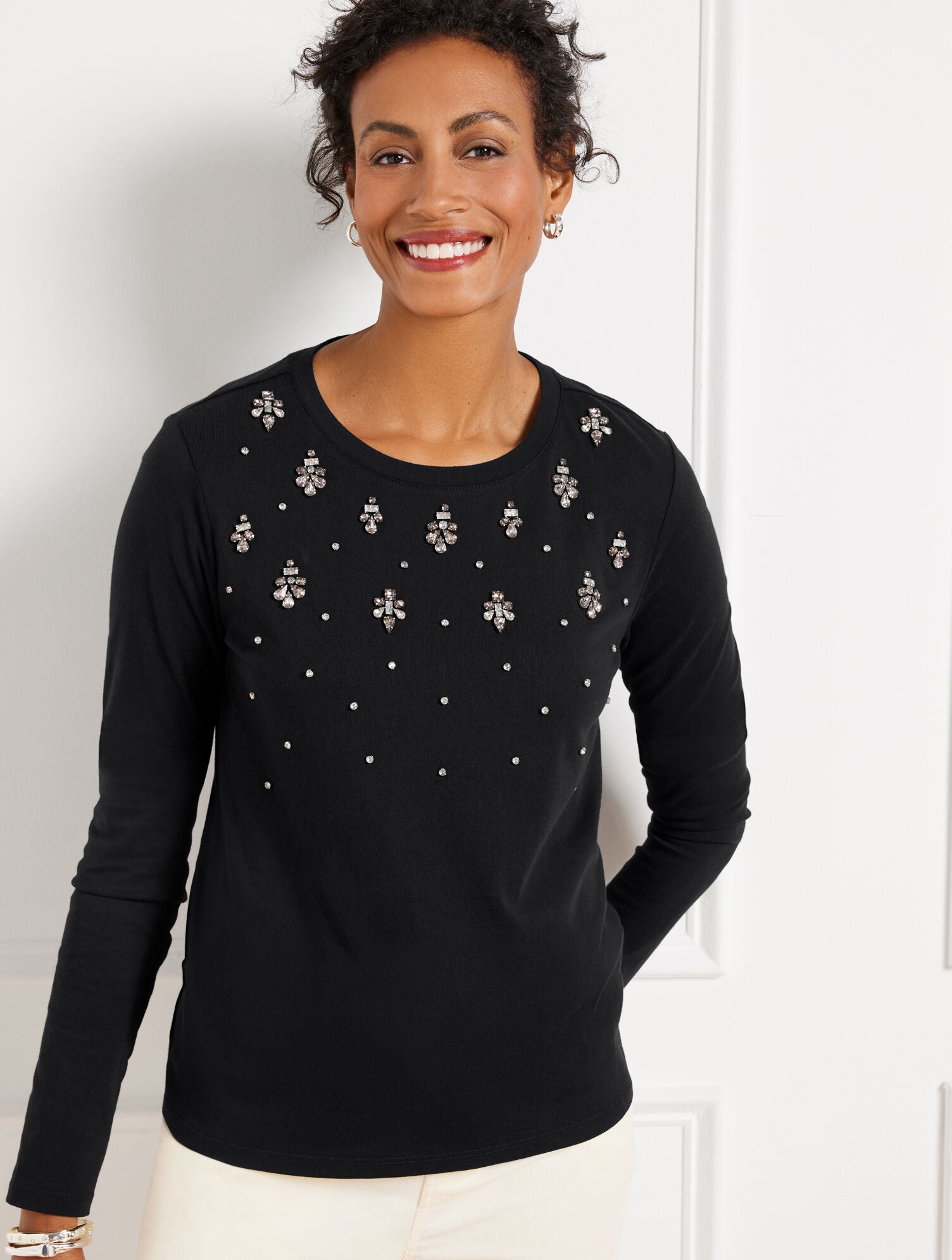 BLACK EMBELLISHED CREWNECK TEE | Talbots sale