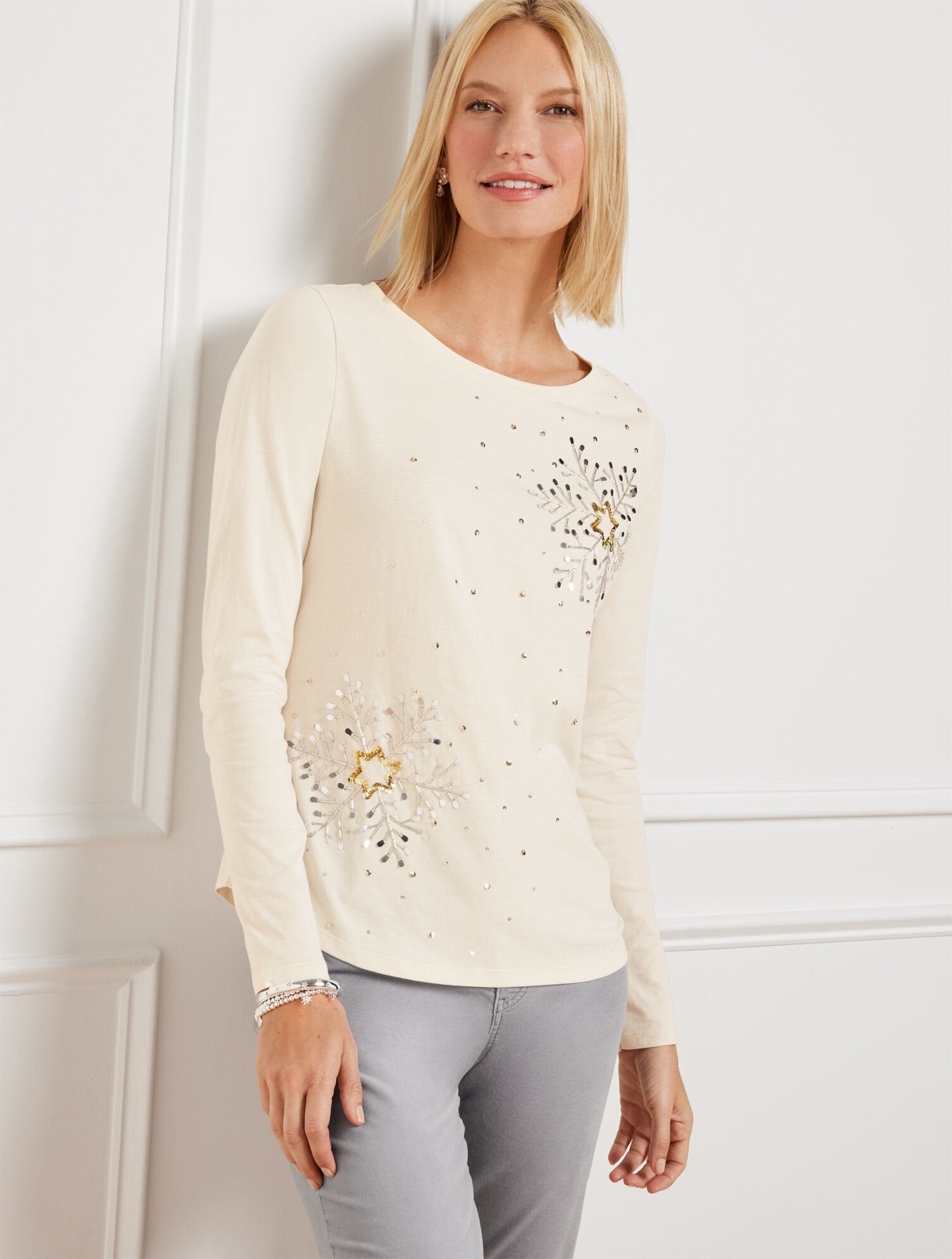 IVORY EMBELLISHED CREWNECK TEE - SNOWFLAKE | Talbots near me